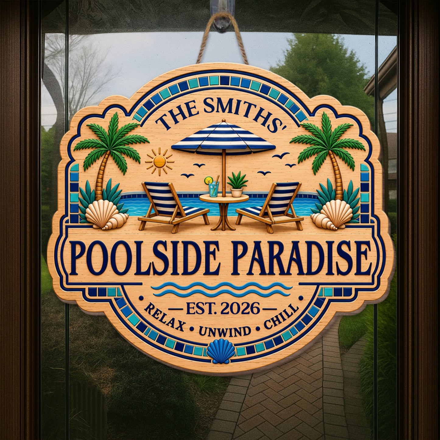Poolside Paradise Relax Unwind Chill With Palm Trees And Pool Chairs - Personalized Custom Shaped Wood Sign - FAM962_WSIGN