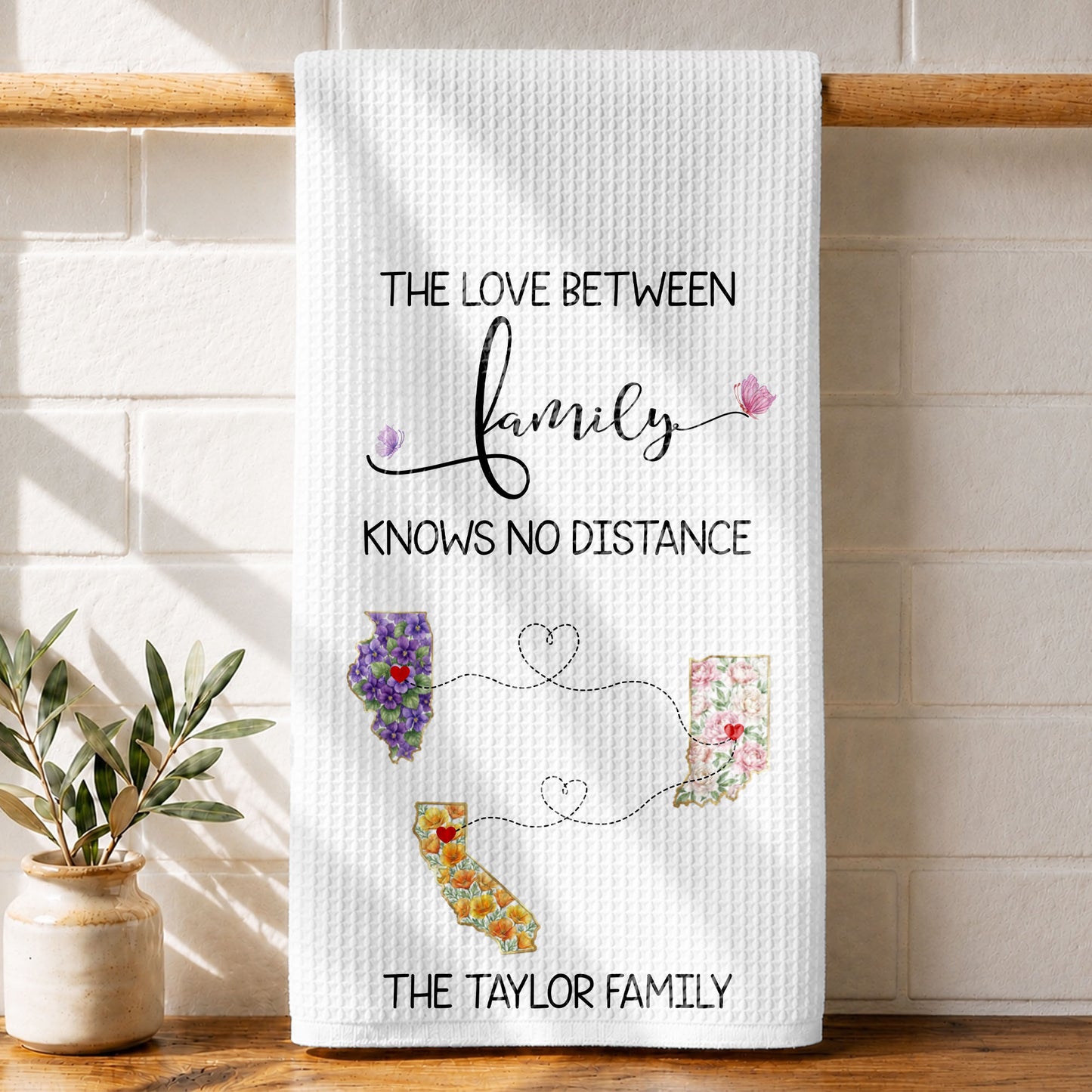 The Love Between Family Knows No Distance Floral States Hearts - Personalized Kitchen Towel - FAM975_TOWL