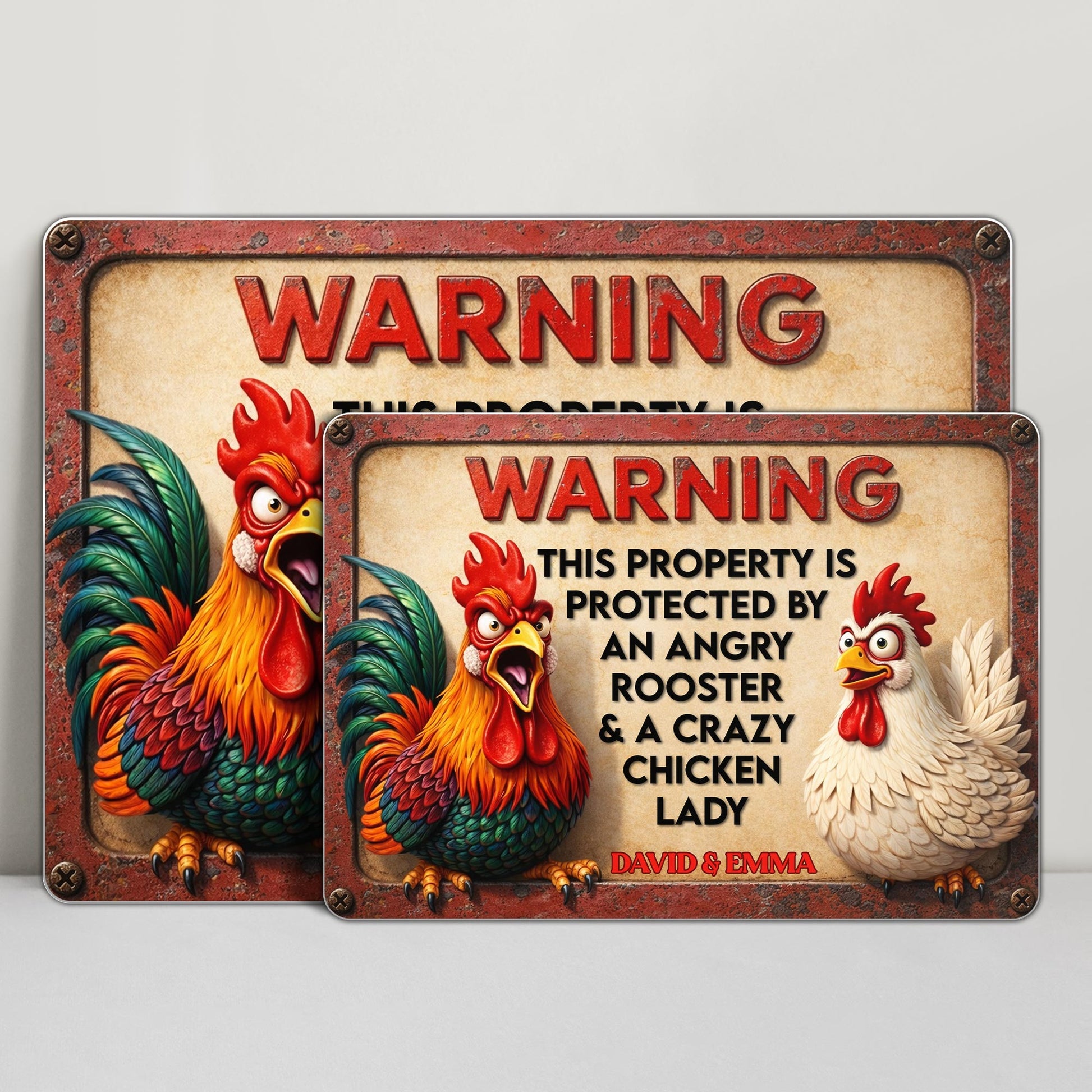 Warning Protected By Angry Rooster And Crazy Chicken Lady