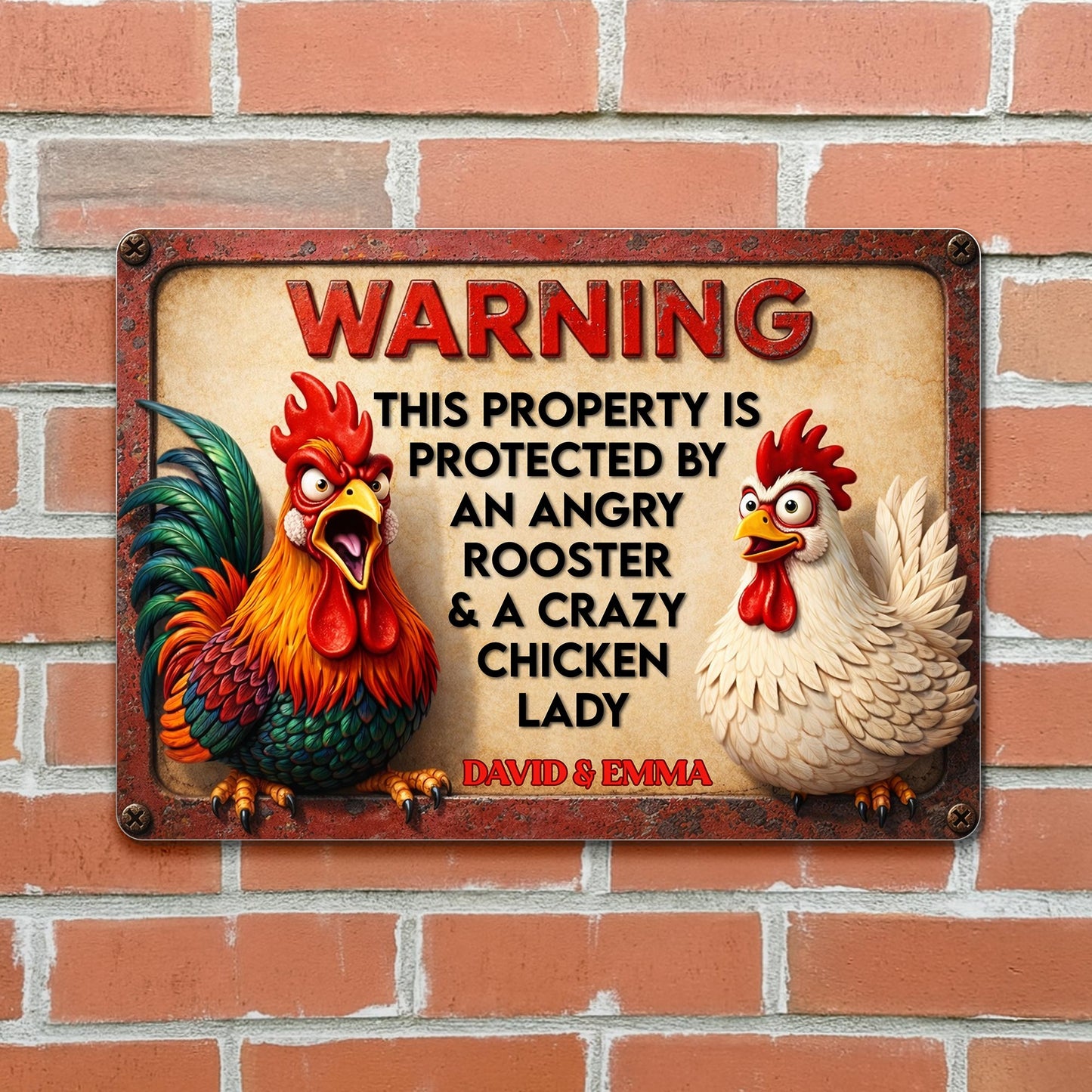 Warning Protected By Angry Rooster And Crazy Chicken Lady