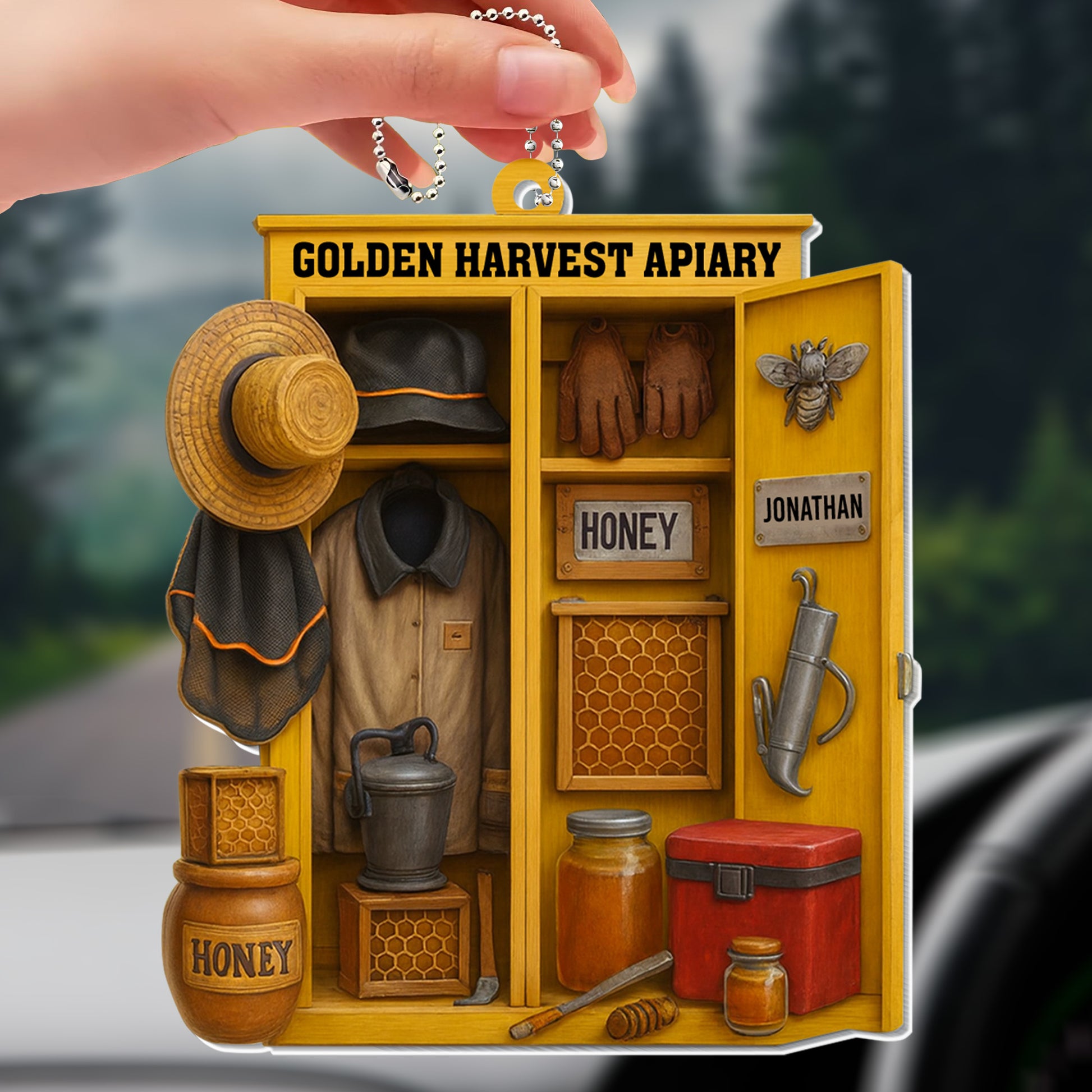 Golden Harvest Apiary With Beekeeping Gear And Honey Jars