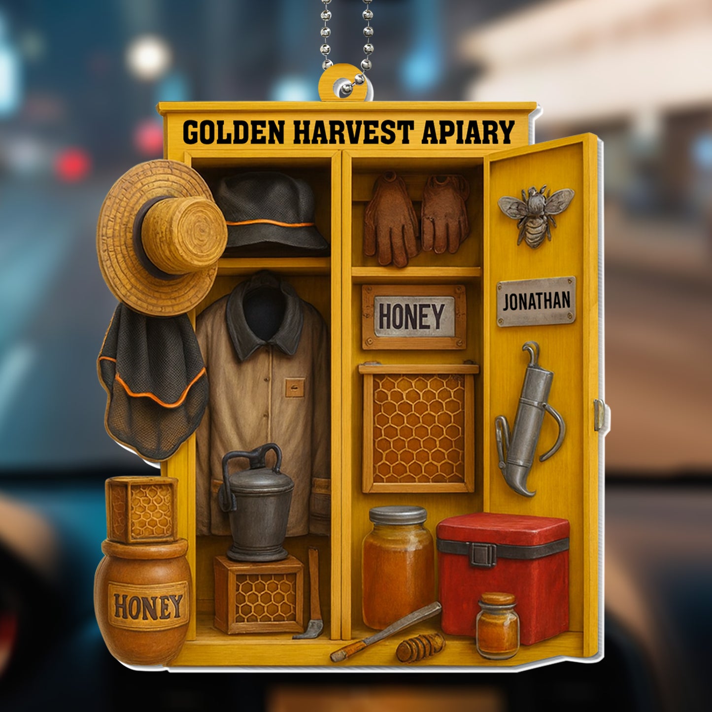 Golden Harvest Apiary With Beekeeping Gear And Honey Jars