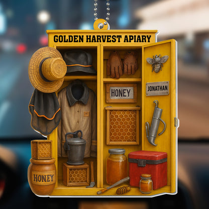 Golden Harvest Apiary With Beekeeping Gear And Honey Jars