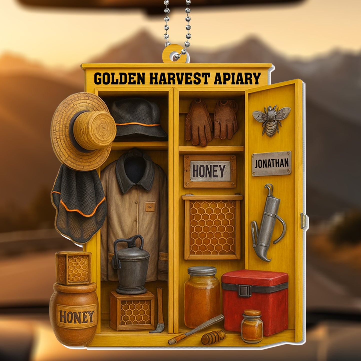 Golden Harvest Apiary With Beekeeping Gear And Honey Jars