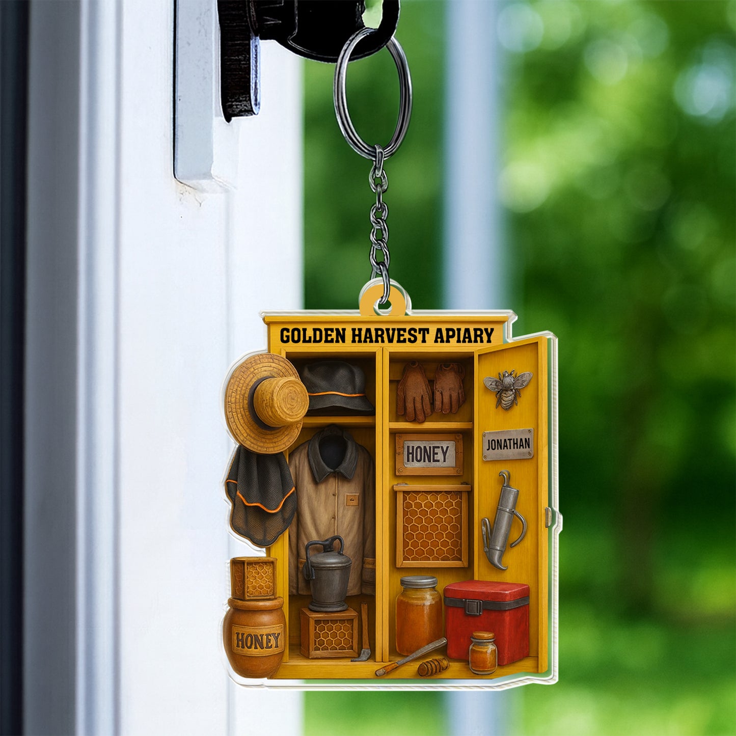 Golden Harvest Apiary With Bee And Beekeeper's Tools