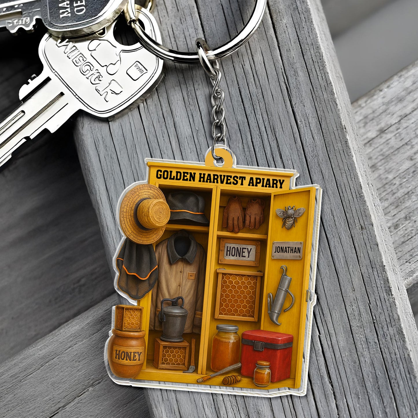 Golden Harvest Apiary With Bee And Beekeeper's Tools