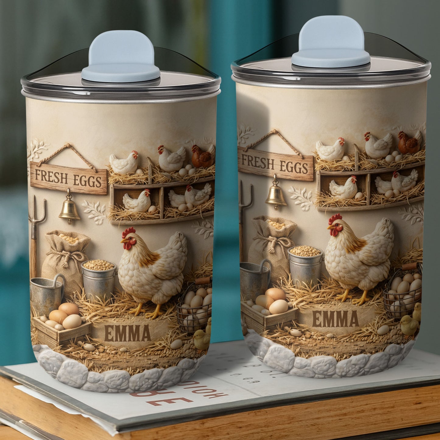 Fresh Eggs With Chickens And Farm Elements