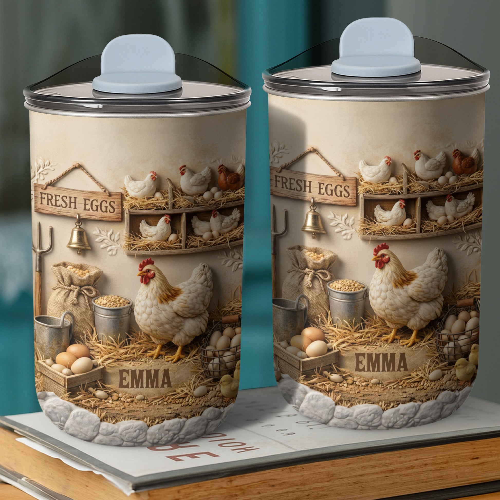 Fresh Eggs With Chickens And Farm Elements