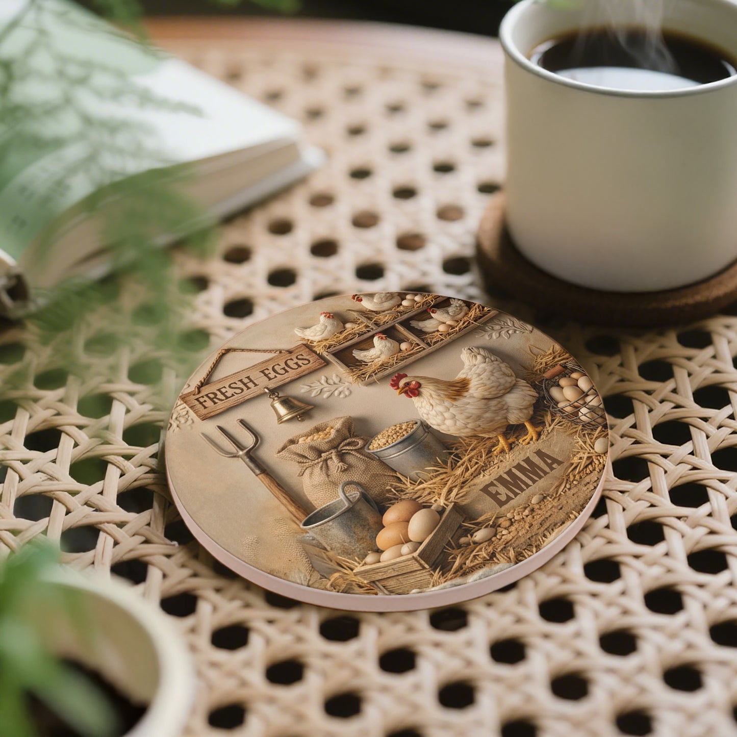 Fresh Eggs Rustic Farmhouse Design With Hen And Nesting Chickens - Personalized Custom Ceramic Coaster - FARM020_ROCO