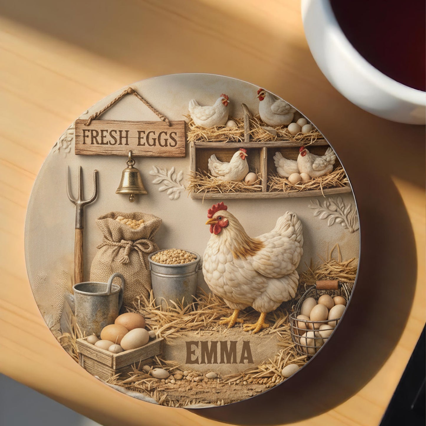 Fresh Eggs Rustic Farmhouse Design With Hen And Nesting Chickens - Personalized Custom Ceramic Coaster - FARM020_ROCO