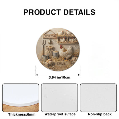 Fresh Eggs Rustic Farmhouse Design With Hen And Nesting Chickens - Personalized Custom Ceramic Coaster - FARM020_ROCO