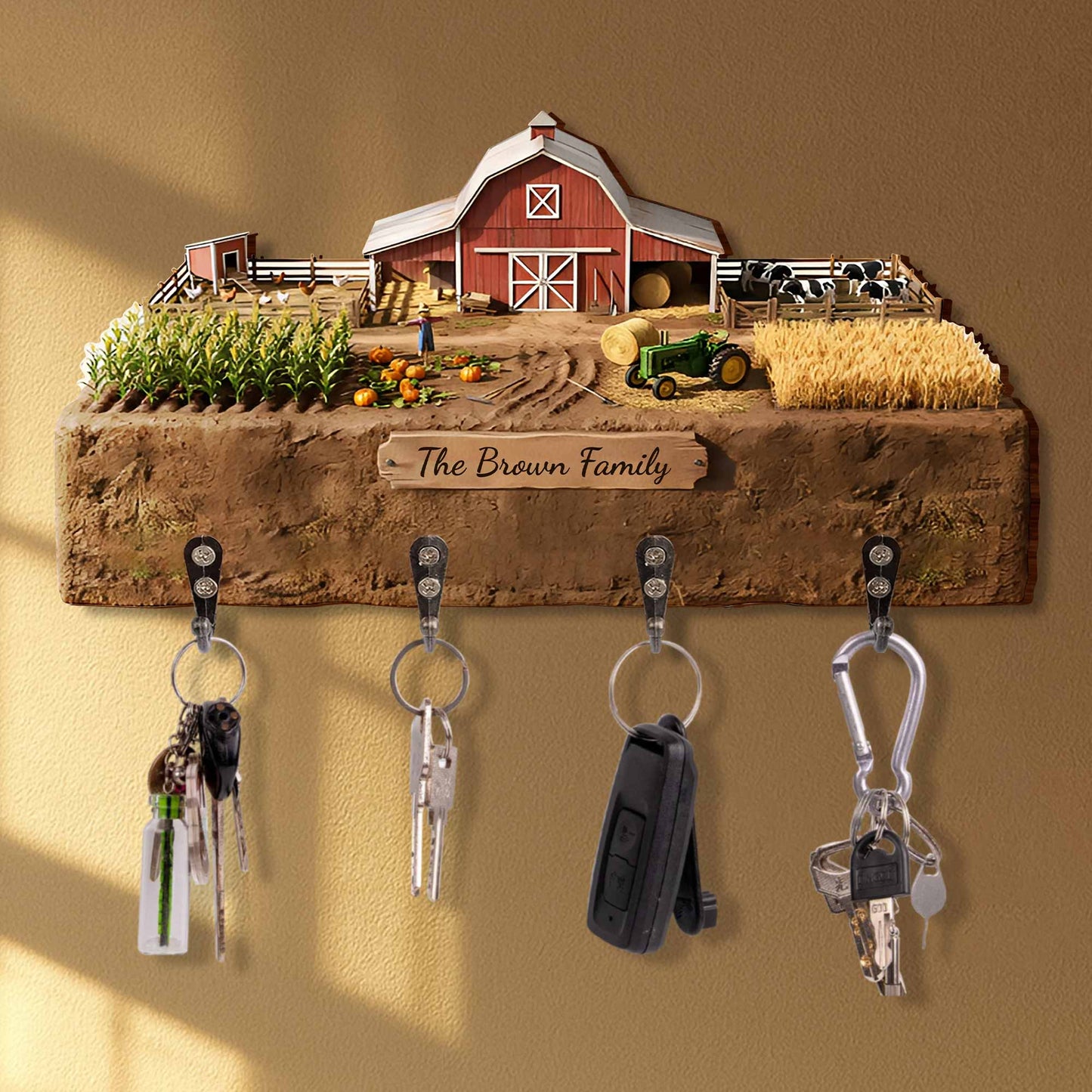 Beautiful Farm Scene Key Holder With Tractor And Barn