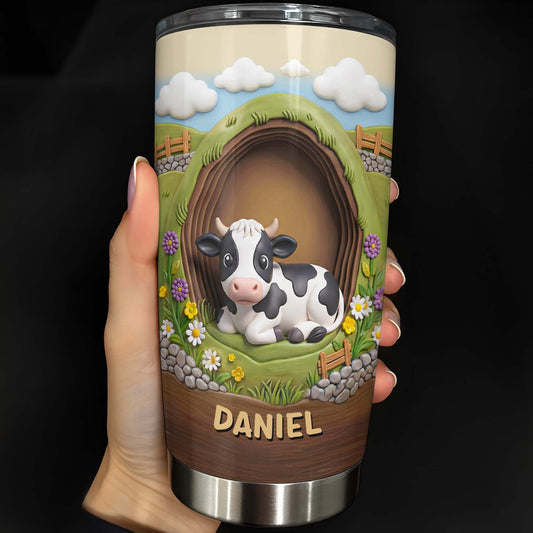Cute Cow In A Meadow With Flowers And Rolling Hills - Personalized Custom Stainless Steel Tumbler 20oz 30oz - FARM042_TB