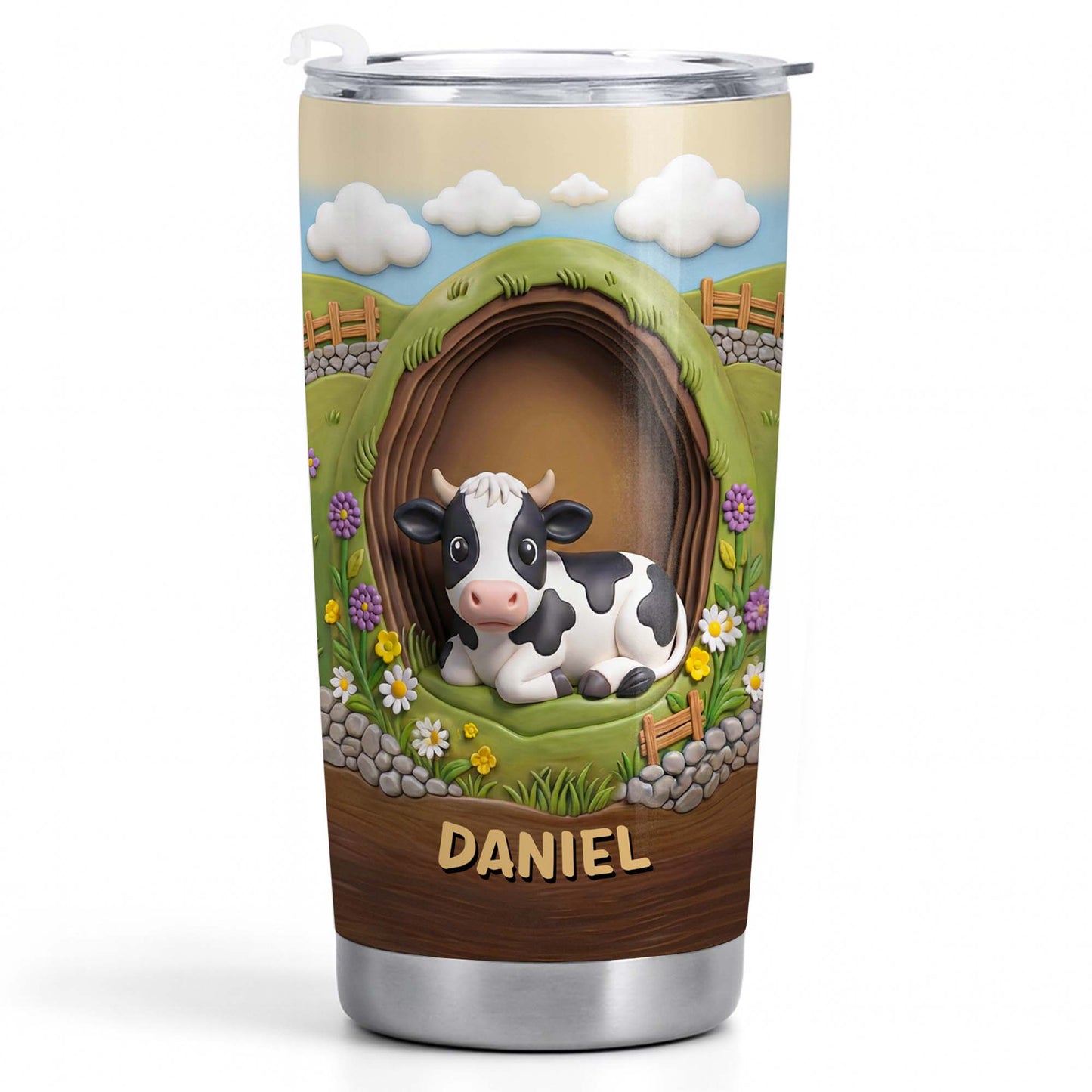 Cute Cow In A Meadow With Flowers And Rolling Hills - Personalized Custom Stainless Steel Tumbler 20oz 30oz - FARM042_TB