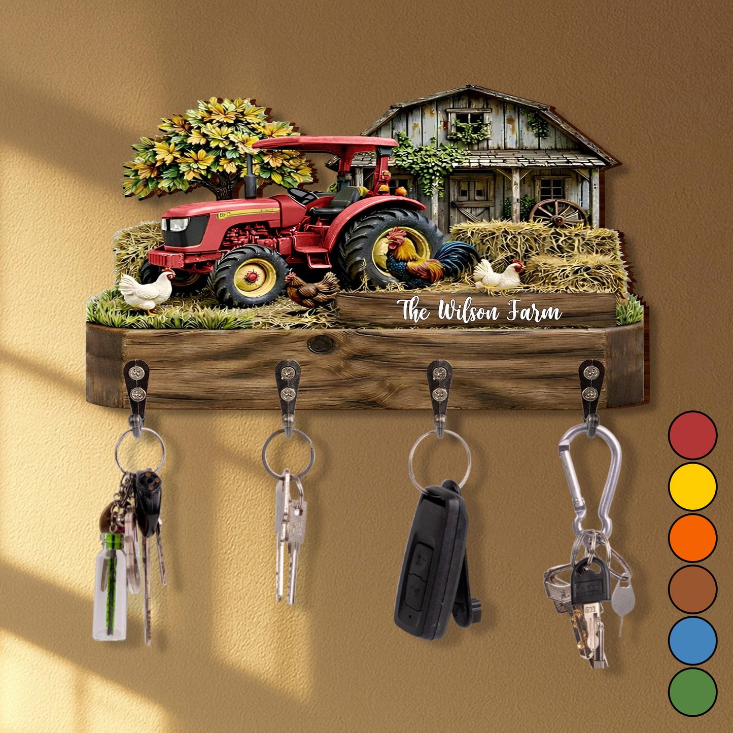 Our Farm With Red Tractor Barn And Rooster - Personalized Key Holder - FARM059_KHO
