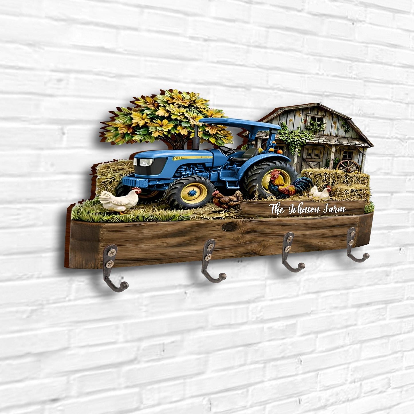 Our Farm With Red Tractor Barn And Rooster - Personalized Key Holder - FARM059_KHO