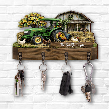 Our Farm With Red Tractor Barn And Rooster - Personalized Key Holder - FARM059_KHO