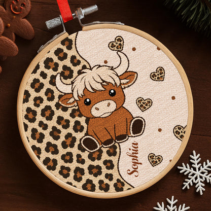 Cute Highland Cow With Leopard Print And Hearts Personalized Ornament - Personalized Embroidered Ornament - FARM070_EMBO