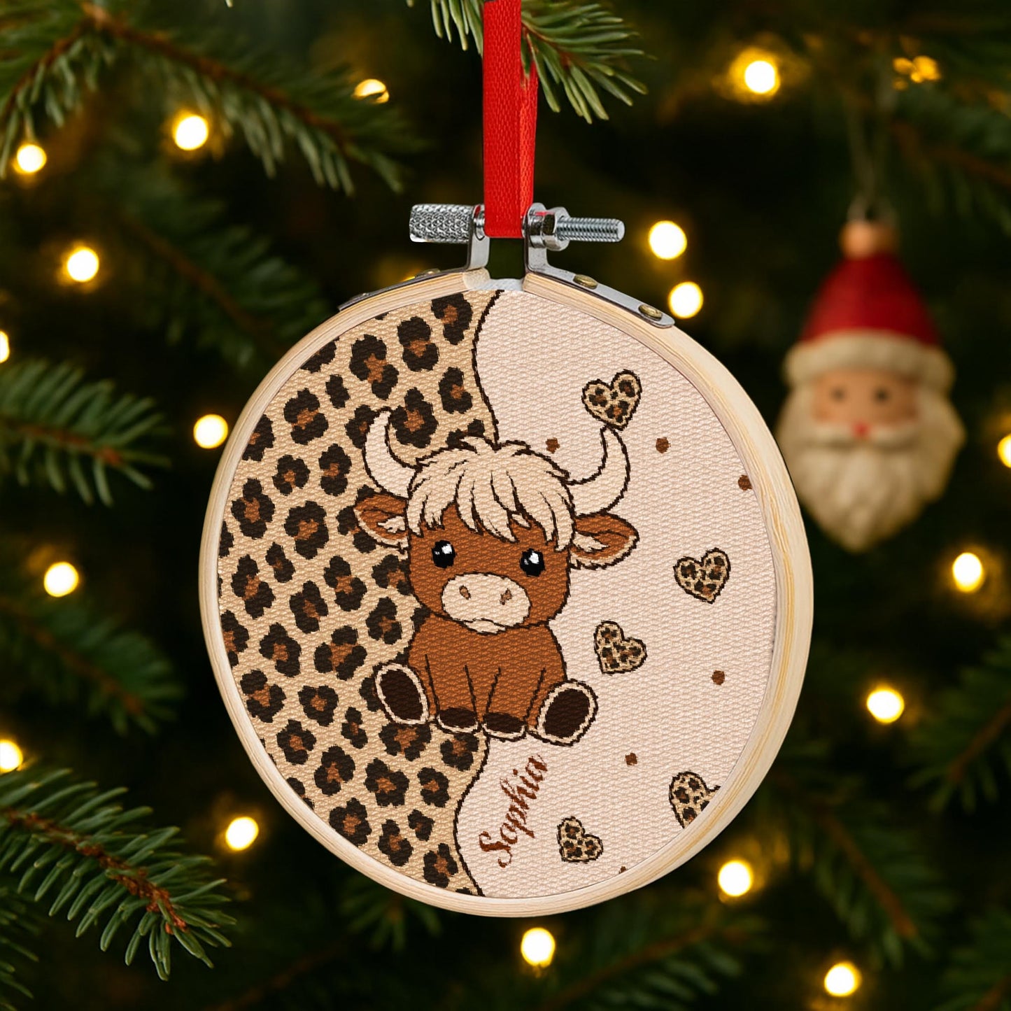 Cute Highland Cow With Leopard Print And Hearts Personalized Ornament - Personalized Embroidered Ornament - FARM070_EMBO