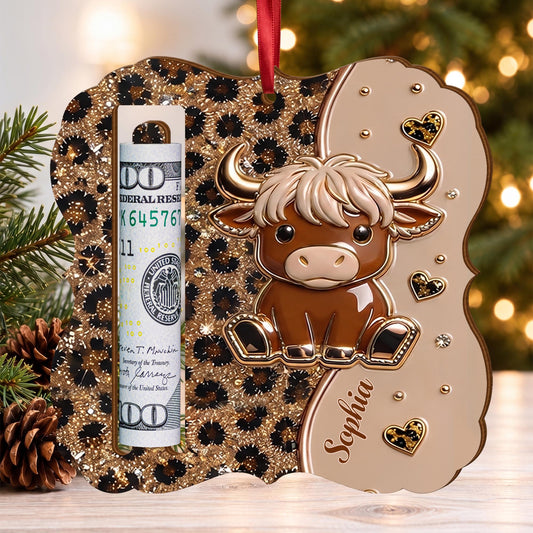 A Cute Friend Highland Cow With Leopard Print And Hearts - Personalized Wooden Money Holder Ornament - FARM070_WMOHO