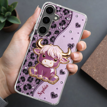 Cute Pink Highland Cow And Glitter Hearts Leopard Print - Personalized Clear Phone Case - FARM104_PHC