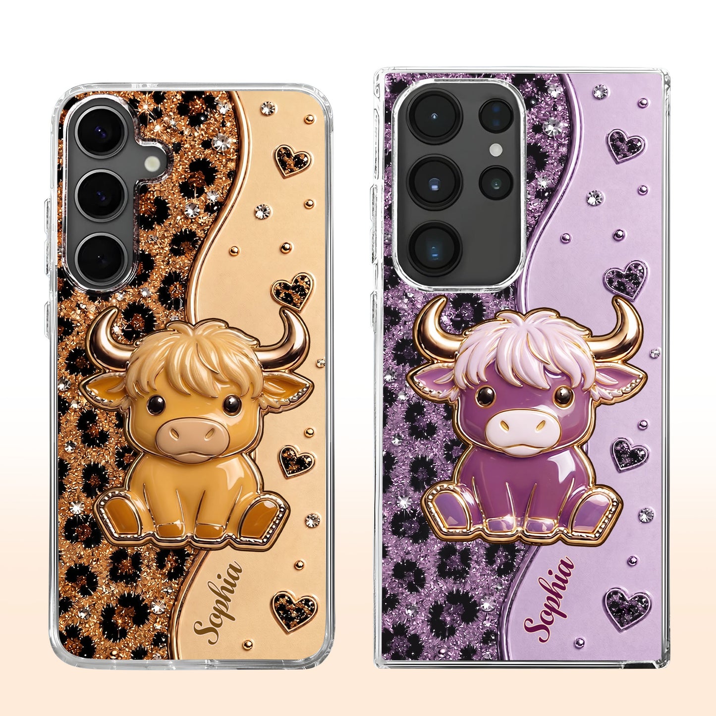 Cute Pink Highland Cow And Glitter Hearts Leopard Print - Personalized Clear Phone Case - FARM104_PHC