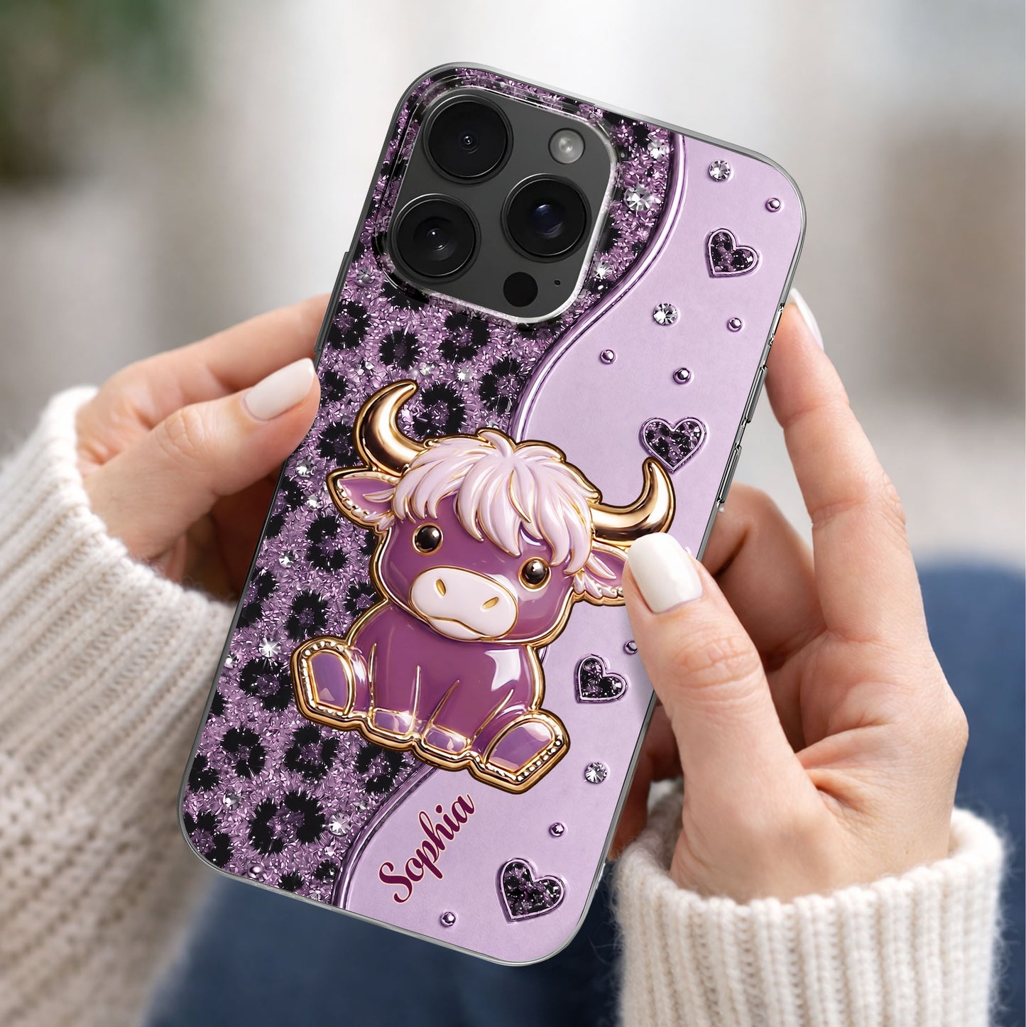Cute Pink Highland Cow And Glitter Hearts Leopard Print - Personalized Clear Phone Case - FARM104_PHC