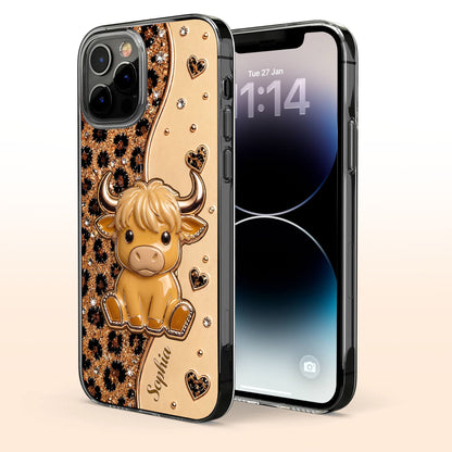 Cute Pink Highland Cow And Glitter Hearts Leopard Print - Personalized Clear Phone Case - FARM104_PHC