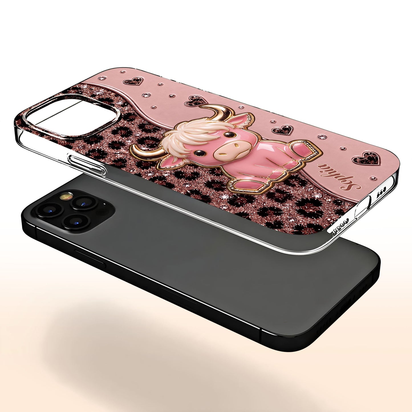 Cute Pink Highland Cow And Glitter Hearts Leopard Print - Personalized Clear Phone Case - FARM104_PHC