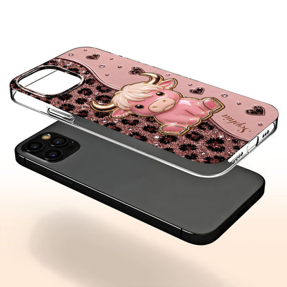 Cute Pink Highland Cow And Glitter Hearts Leopard Print - Personalized Clear Phone Case - FARM104_PHC