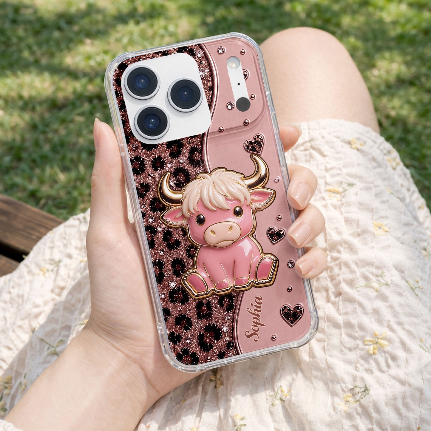 Cute Pink Highland Cow And Glitter Hearts Leopard Print - Personalized Clear Phone Case - FARM104_PHC