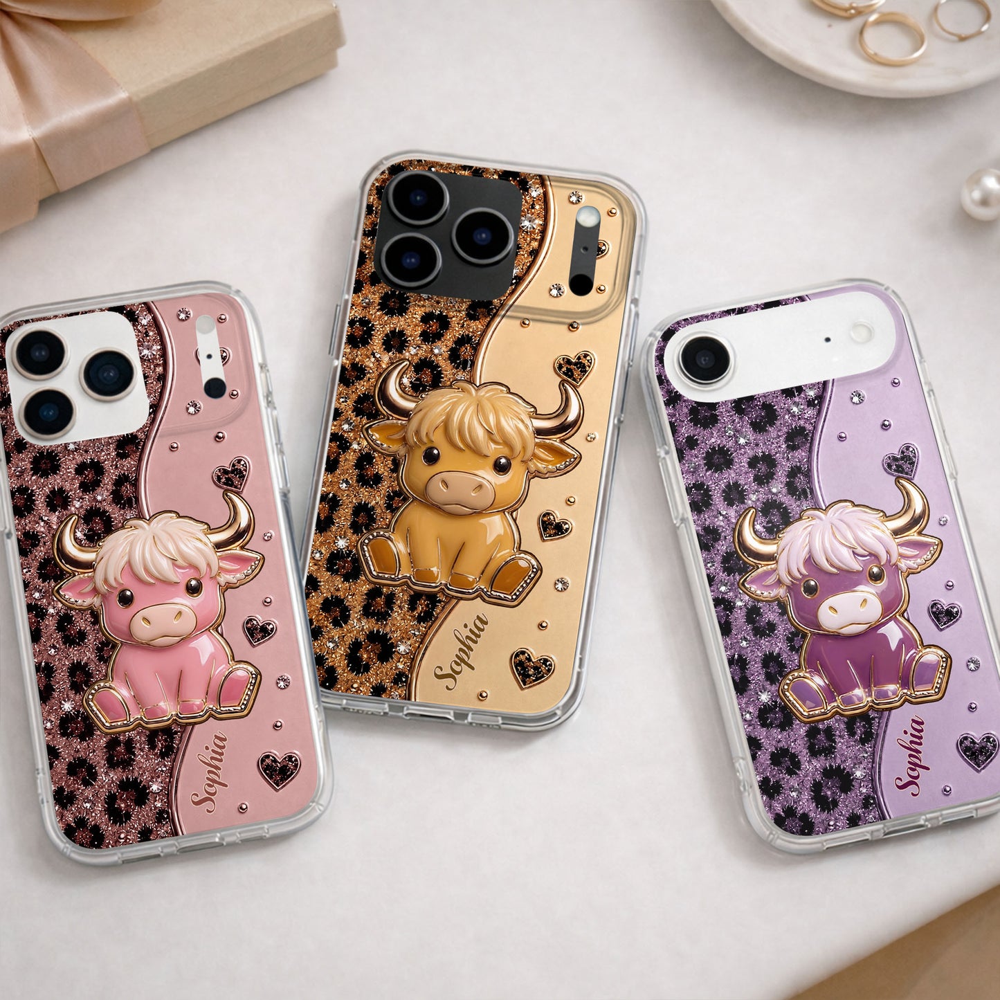Cute Pink Highland Cow And Glitter Hearts Leopard Print - Personalized Clear Phone Case - FARM104_PHC