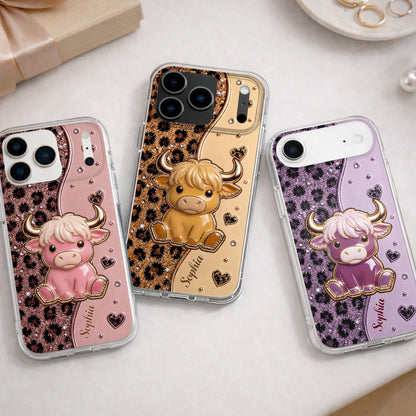 Cute Pink Highland Cow And Glitter Hearts Leopard Print - Personalized Clear Phone Case - FARM104_PHC