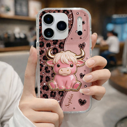 Cute Pink Highland Cow And Glitter Hearts Leopard Print - Personalized Clear Phone Case - FARM104_PHC