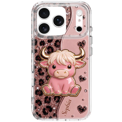 Cute Pink Highland Cow And Glitter Hearts Leopard Print - Personalized Clear Phone Case - FARM104_PHC