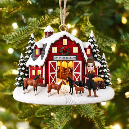 Horse Farm With Snowy Barn And Horses - Personalized Custom Wood Ornament, Custom Shaped - FARM169_WDO