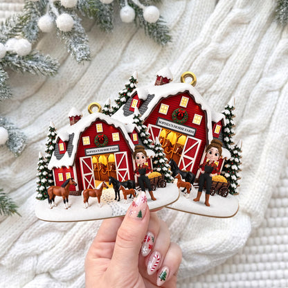 Horse Farm With Snowy Barn And Horses - Personalized Custom Wood Ornament, Custom Shaped - FARM169_WDO