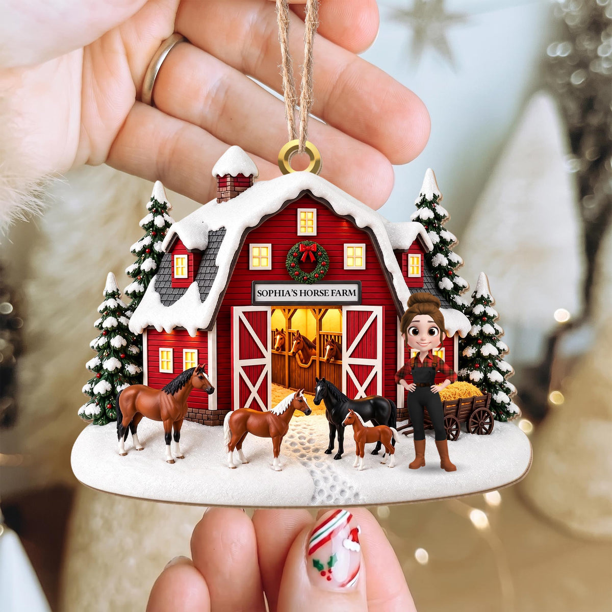 Horse Farm With Snowy Barn And Horses - Personalized Custom Wood Ornament, Custom Shaped - FARM169_WDO