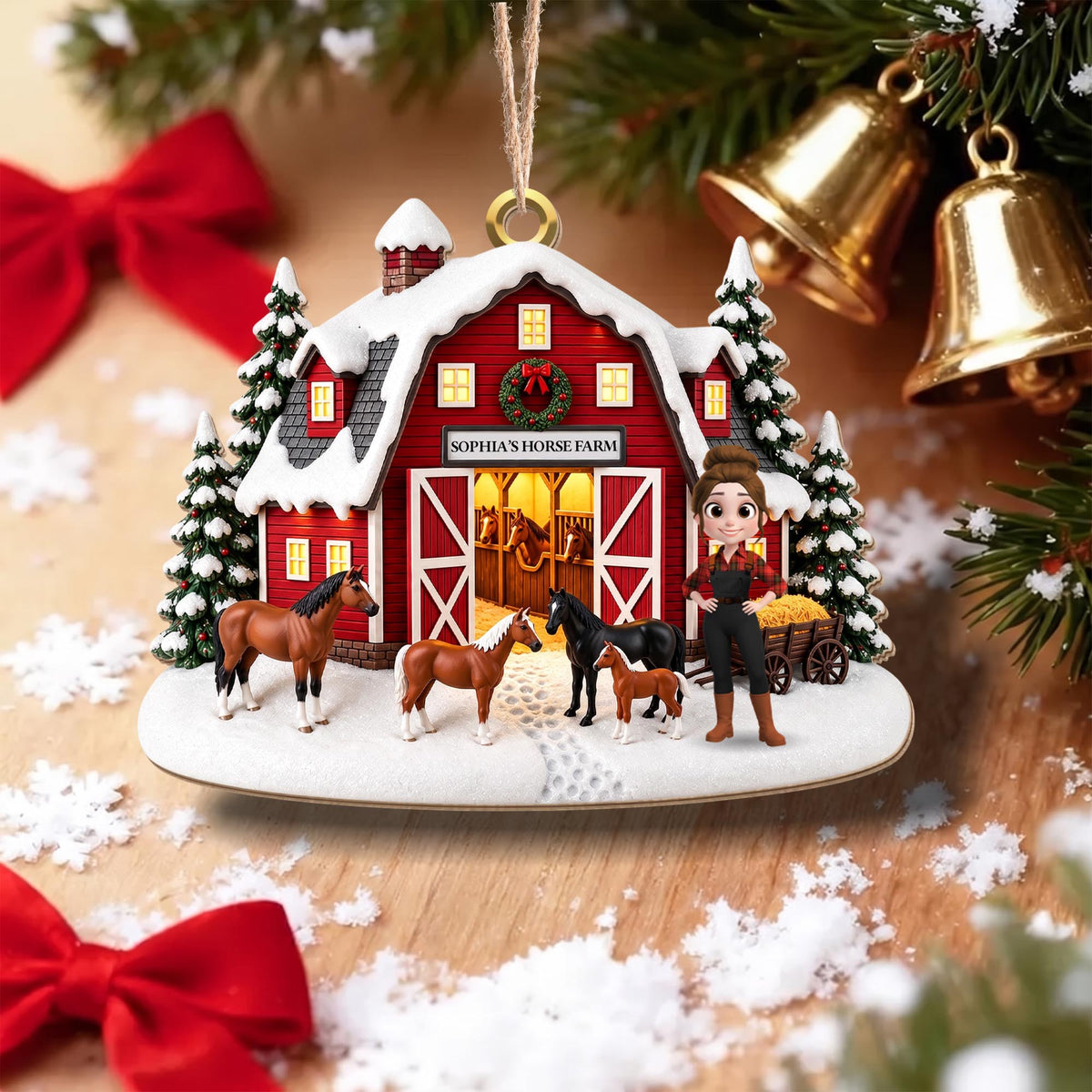 Horse Farm With Snowy Barn And Horses - Personalized Custom Wood Ornament, Custom Shaped - FARM169_WDO