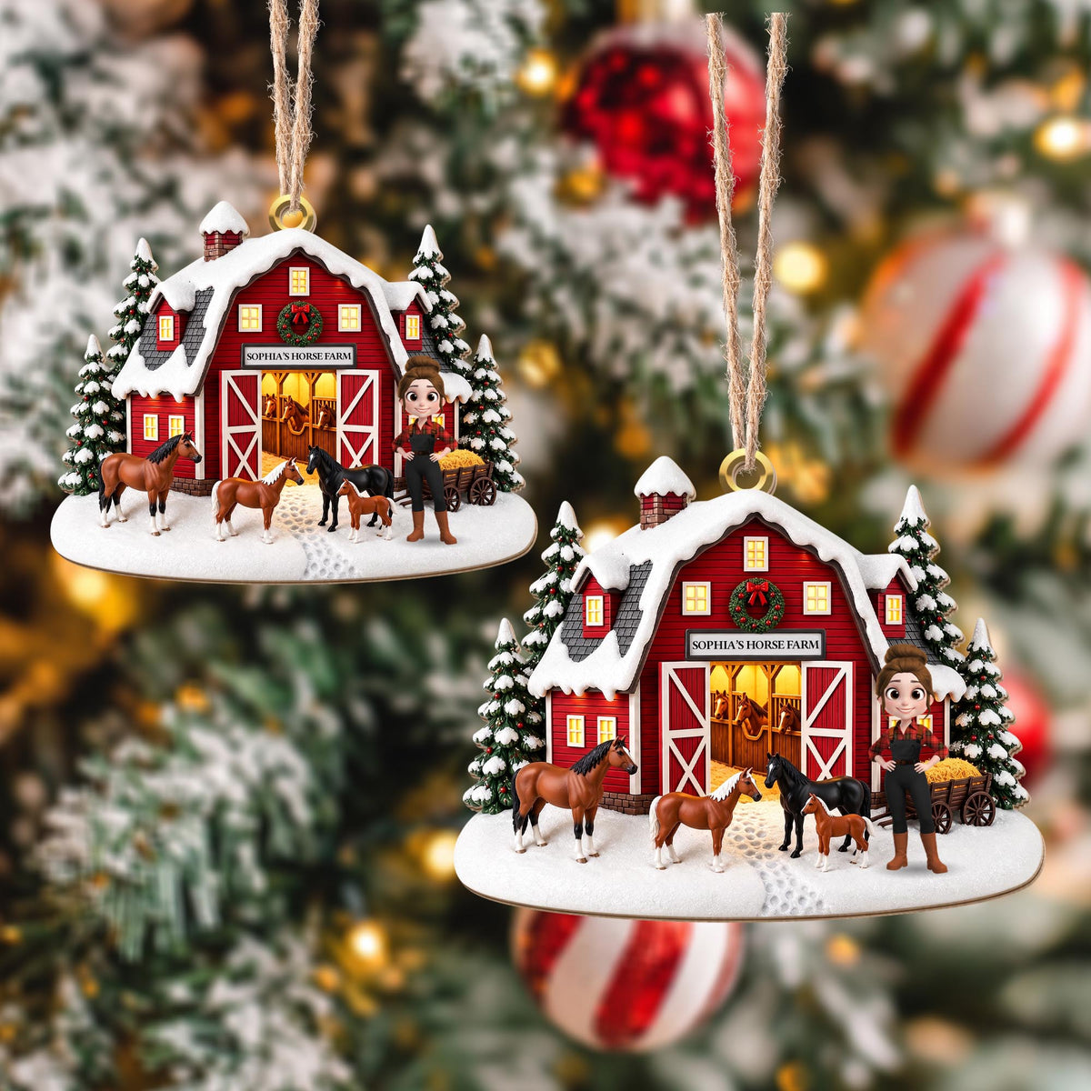 Horse Farm With Snowy Barn And Horses - Personalized Custom Wood Ornament, Custom Shaped - FARM169_WDO