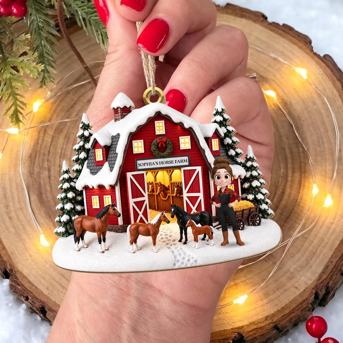 Horse Farm With Snowy Barn And Horses - Personalized Custom Wood Ornament, Custom Shaped - FARM169_WDO