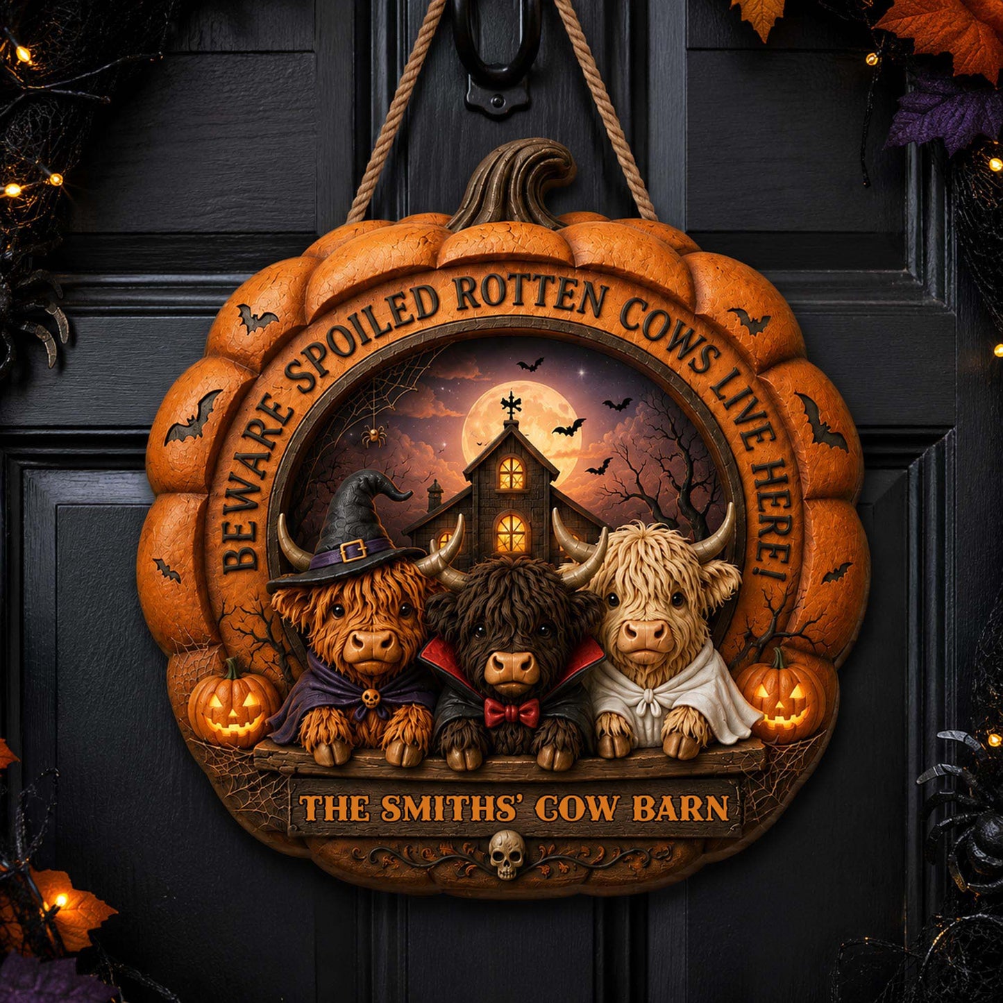 Beware Spoiled Rotten Cows Live Here Halloween Pumpkin Highland Cow Barn - Personalized Custom Shaped Wood Sign - FARM173_WSIGN