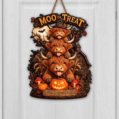 Lick Or Treat Our Spooky Farm Highland Cows And Pumpkins - Personalized Custom Shaped Wood Sign - FARM175_WSIGN