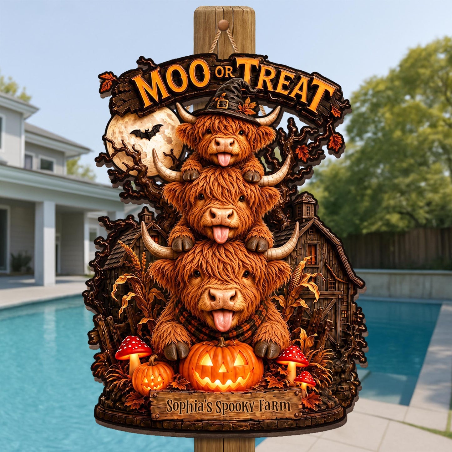 Lick Or Treat Our Spooky Farm Highland Cows And Pumpkins - Personalized Custom Shaped Wood Sign - FARM175_WSIGN