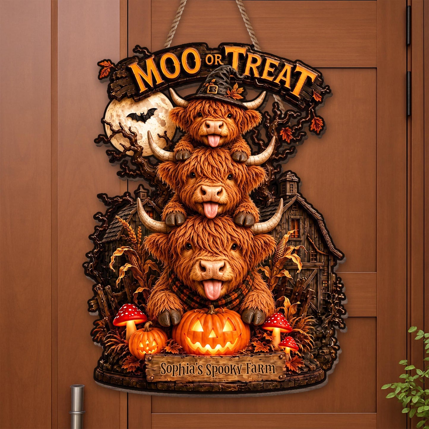 Lick Or Treat Our Spooky Farm Highland Cows And Pumpkins - Personalized Custom Shaped Wood Sign - FARM175_WSIGN