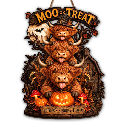 Lick Or Treat Our Spooky Farm Highland Cows And Pumpkins - Personalized Custom Shaped Wood Sign - FARM175_WSIGN