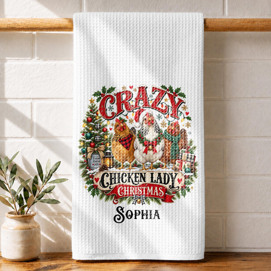 Crazy Chicken Lady Christmas With Festive Farm Birds And Holiday Tree - Personalized Kitchen Towel - FARM213_TOWL