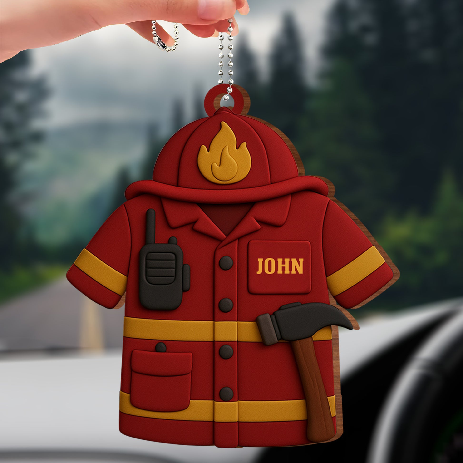 Firefighter Jacket Ornament With Radio And Fire Axe