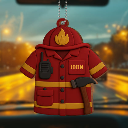 Firefighter Jacket Ornament With Radio And Fire Axe