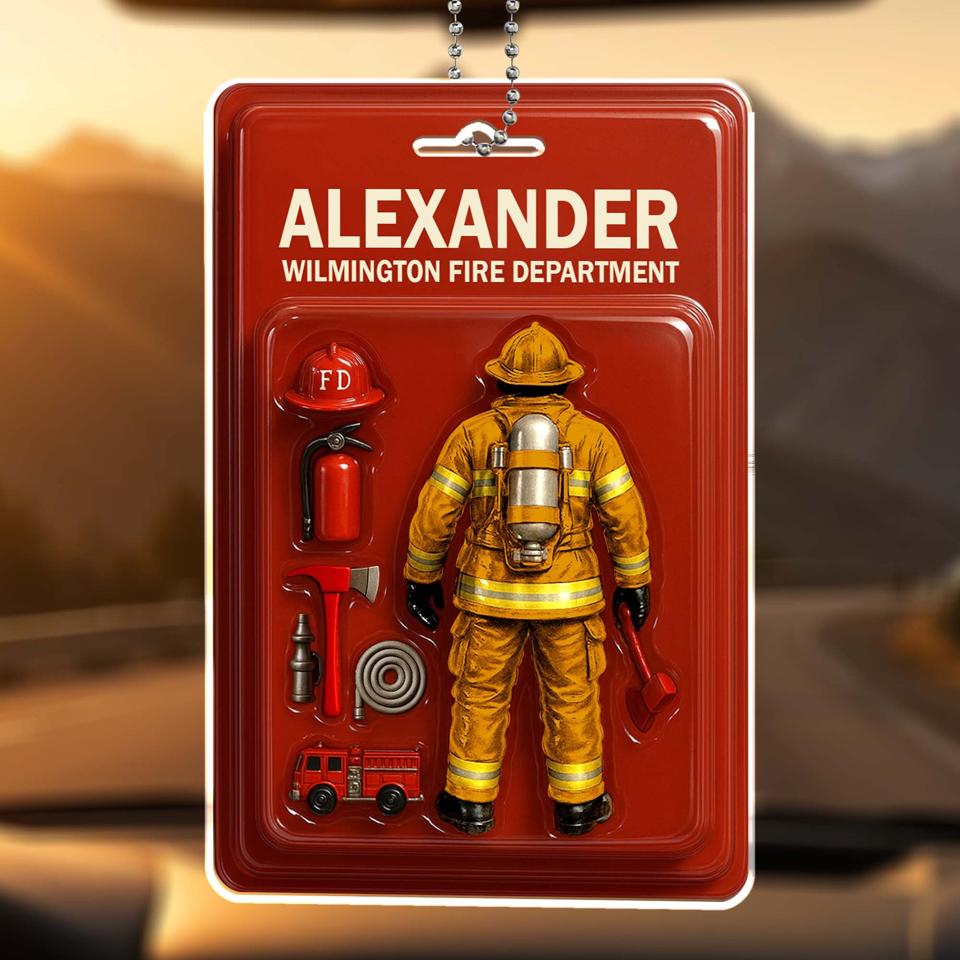 Custom Firefighter Themed Acrylic Ornament With Fire Department Equipment